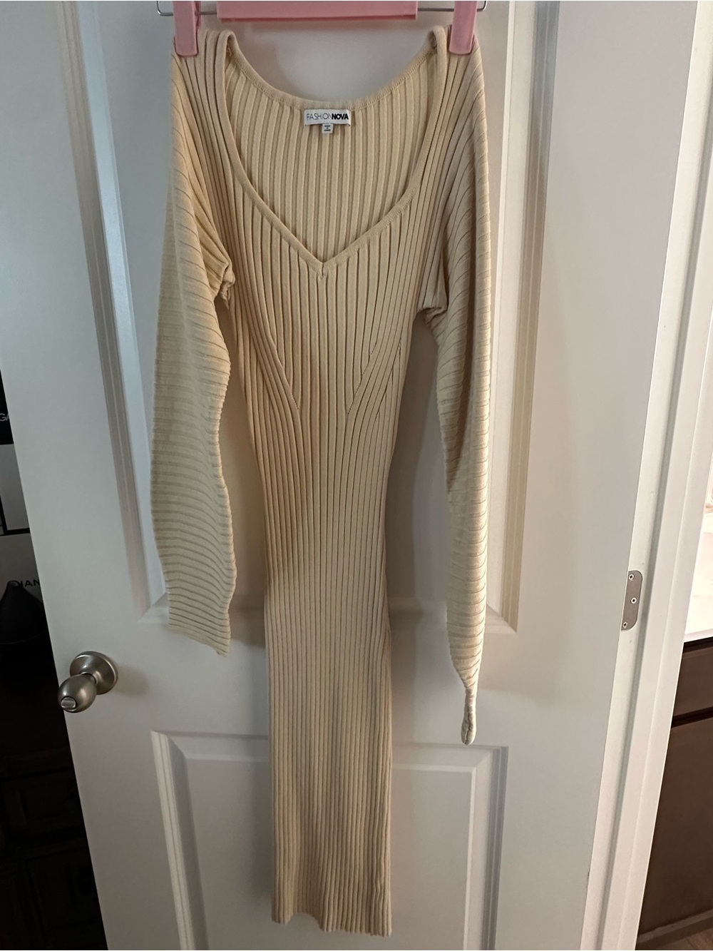 Fashion Nova Beige Ribbed V-Neck Long Sleeve Midi Dress